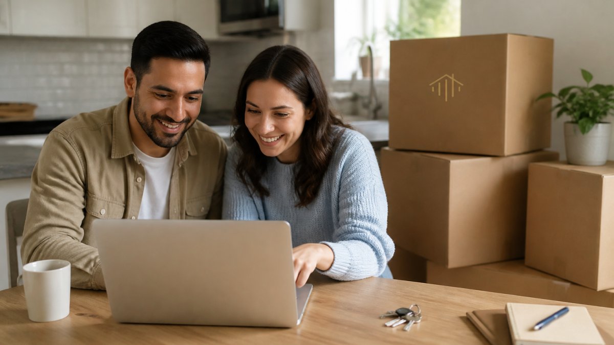 A couple reviewing home listings on a laptop at a kitchen table, with moving boxes stacked in the background and house keys resting nearby