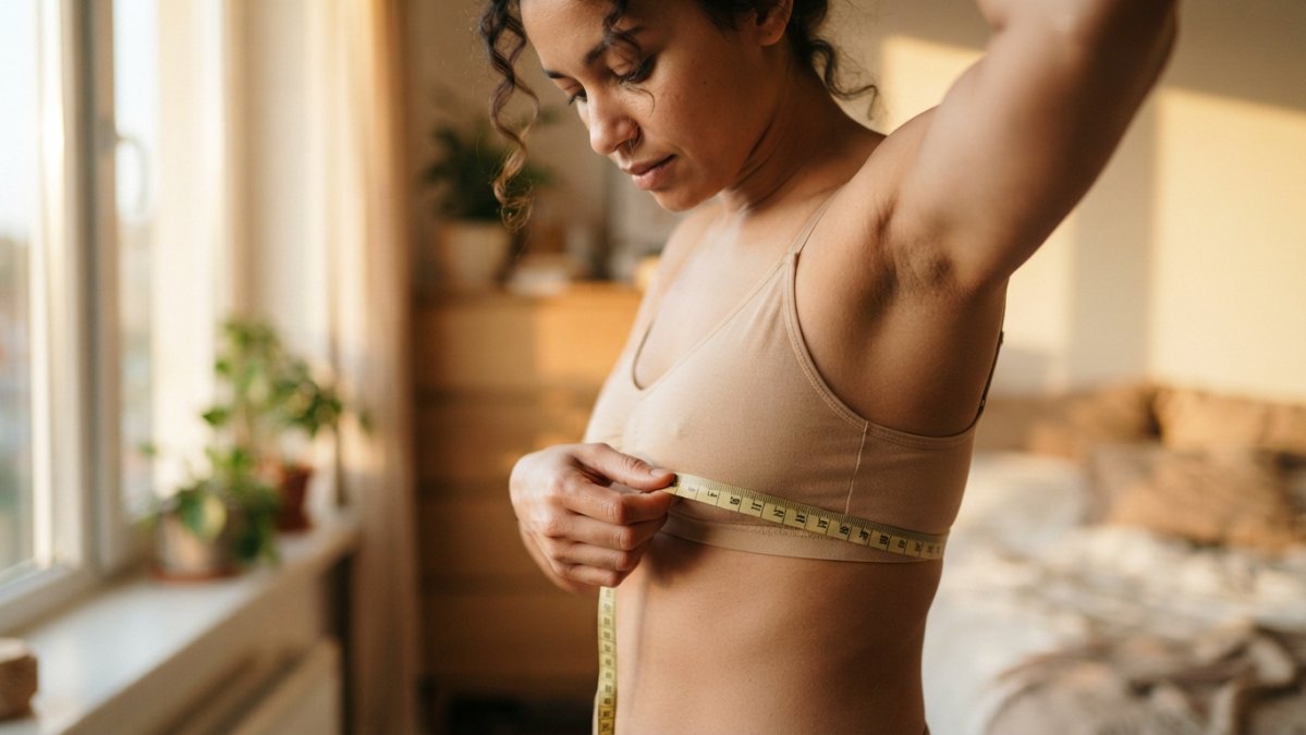 Woman measuring her underbust with a soft measuring tape while wearing a bra, standing sideways in natural window lighting with the tape level around her ribcage