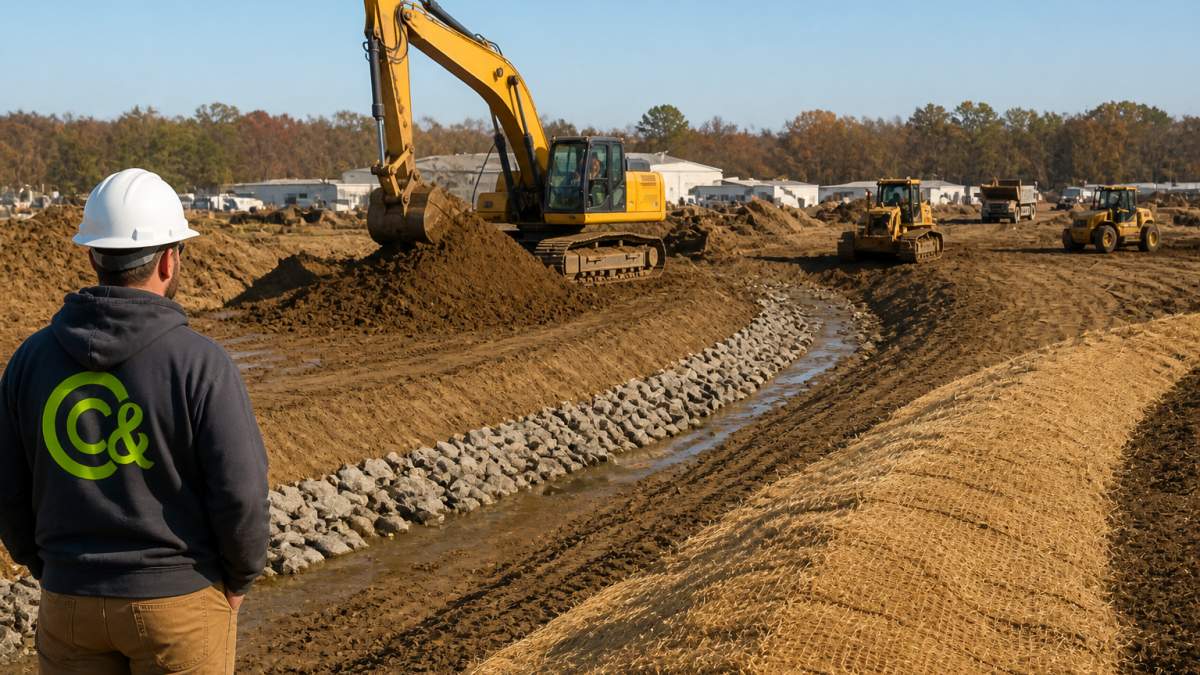 Professional excavation crew operating heavy equipment on a large commercial construction site, with visible soil stockpiles, graded surfaces, and drainage swales in the landscape under clear daylight