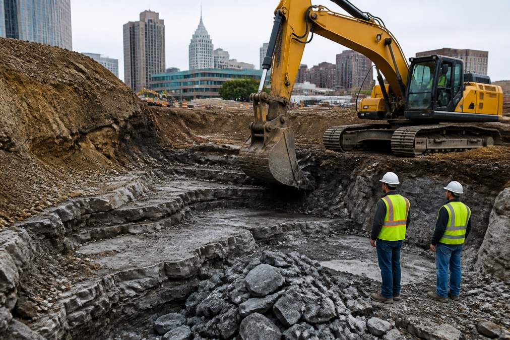 Heavy excavation equipment operating on active Detroit construction site with visible soil layers and bedrock exposure, workers in safety gear monitoring ground conditions during excavation work