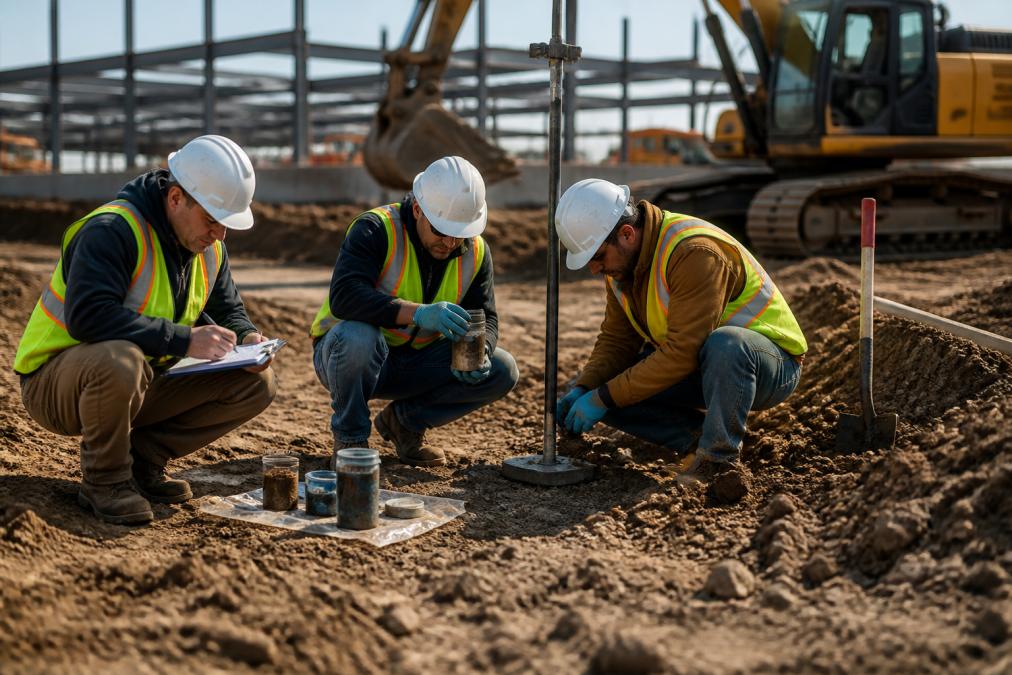 Professional construction crew conducting site survey and geotechnical assessment, workers examining soil samples and ground conditions on active construction site, measuring equipment and testing apparatus visible