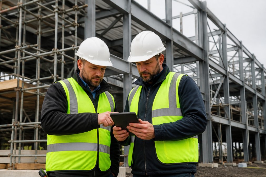 Two construction project supervisors in hard hats and safety vests reviewing inspection data on a tablet together, scaffolding and steel building structure visible in the background, overcast daylight