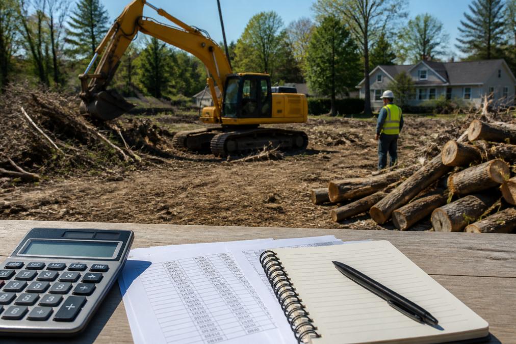 An excavator clearing trees and brush on a residential lot in Michigan, with a pile of logs and a worker in safety gear