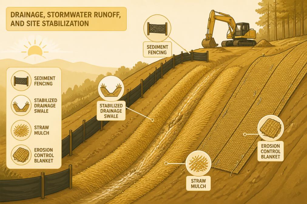 Erosion control measures on sloped construction site showing sediment fencing and stabilized drainage swale with straw mulch and erosion control blanket on steep slope, morning light