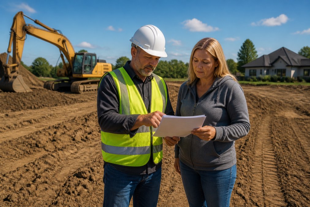 A site foreman and homeowner standing on a cleared residential lot reviewing a printed checklist, with an excavator and freshly graded dirt in the background under a clear sky