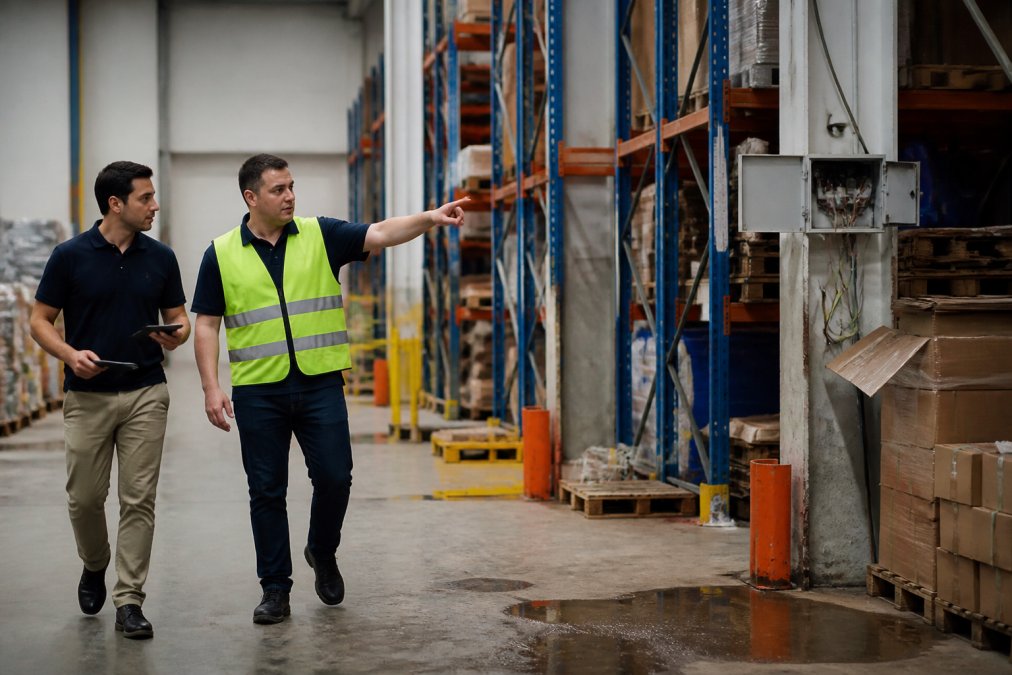Safety officer in high-visibility vest walking through warehouse facility, pointing out potential hazards such as exposed electrical wiring, unsecured stacked items, and wet floor areas to a colleague
