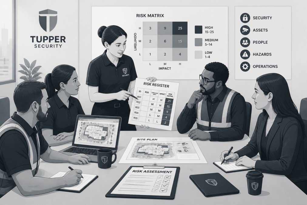 Diverse team of workers and a safety professional gathered around a table reviewing site documentation, risk register forms, and discussing findings during a risk assessment meeting in an office setting