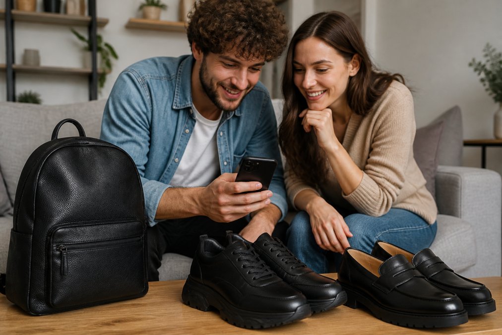 A flat-lay photograph on a light wooden surface showing a black leather backpack, a pair of black chunky leather sneakers and a pair of black loafers arranged neatly with a smartphone displaying an online store page beside them