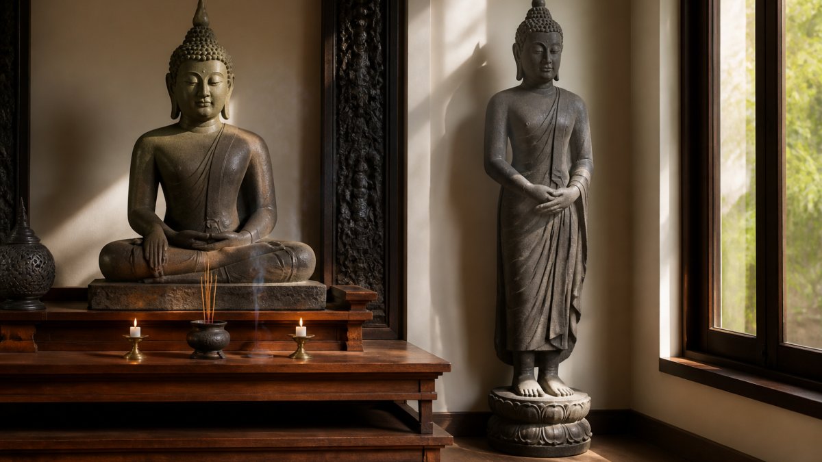 Serene meditation room with a seated Buddha statue on a wooden altar with incense and candles, and a standing Buddha statue positioned in the corner with natural window light streaming across both figures