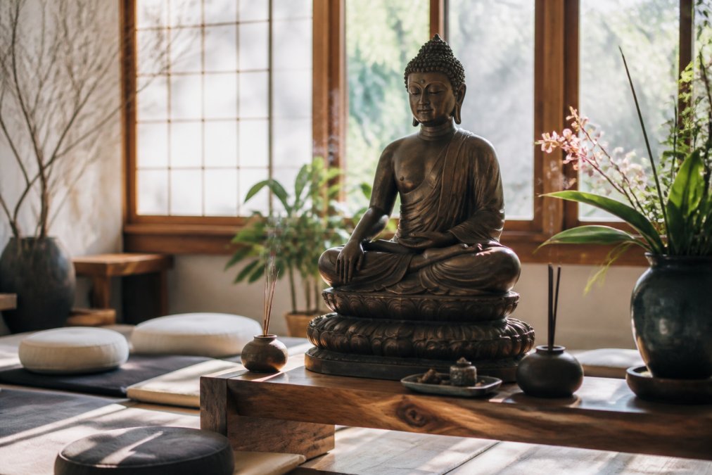 A bronze seated Buddha statue positioned on a wooden altar in a sunlit meditation room, surrounded by soft cushions, incense holders, and flowering plants creating a serene sanctuary atmosphere