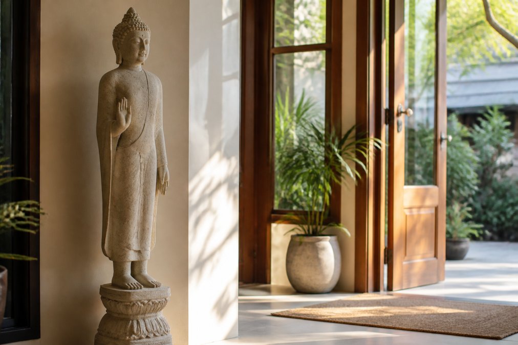 A tall standing Buddha statue carved from pale stone positioned near a home entryway with natural morning light streaming through windows, creating a welcoming and protective presence