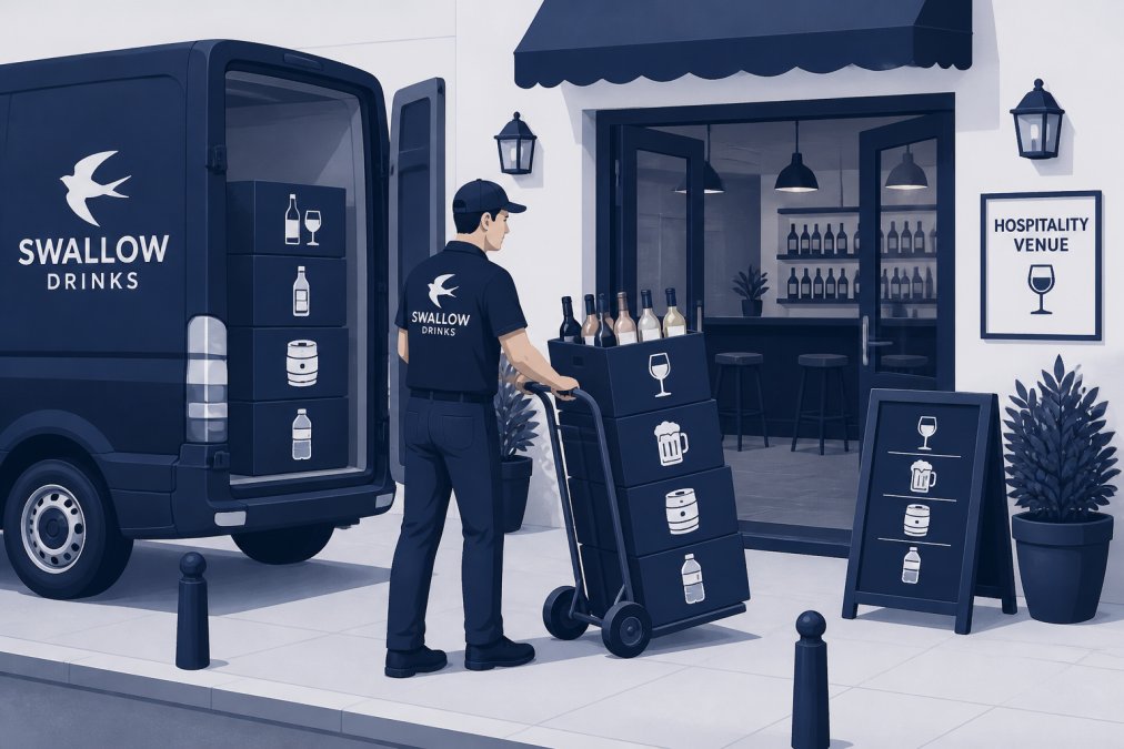 Delivery driver unloading cases of drinks at a hospitality venue entrance during morning daylight, showing professional service and stock replenishment in action