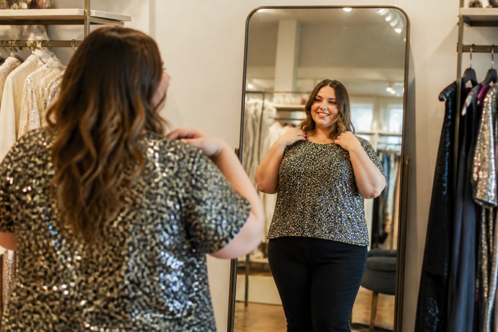 Woman trying on a sequined statement top in front of a boutique mirror, adjusting the fit with a confident smile, warm lighting reflecting off the fabric