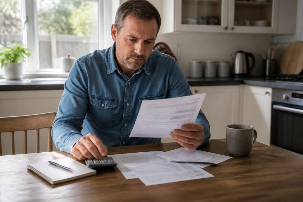 Homeowner reviewing energy bills and usage data on a kitchen table with a calculator, notebook, and utility statements in natural daylight