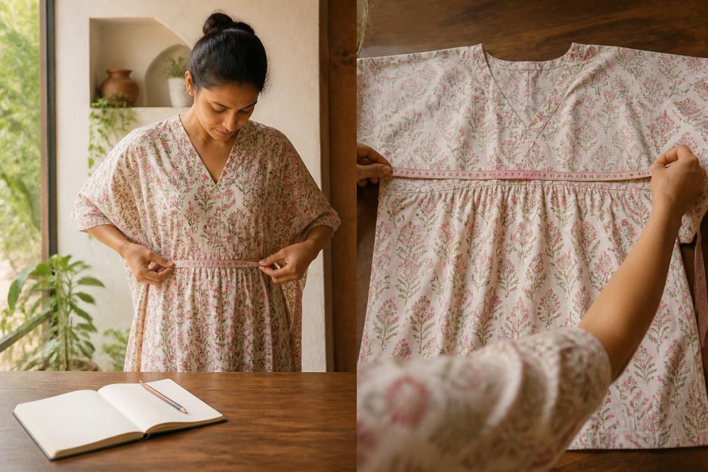 Step-by-step sizing guide for indian cotton loungewear showing how to measure your waist for the perfect fit.