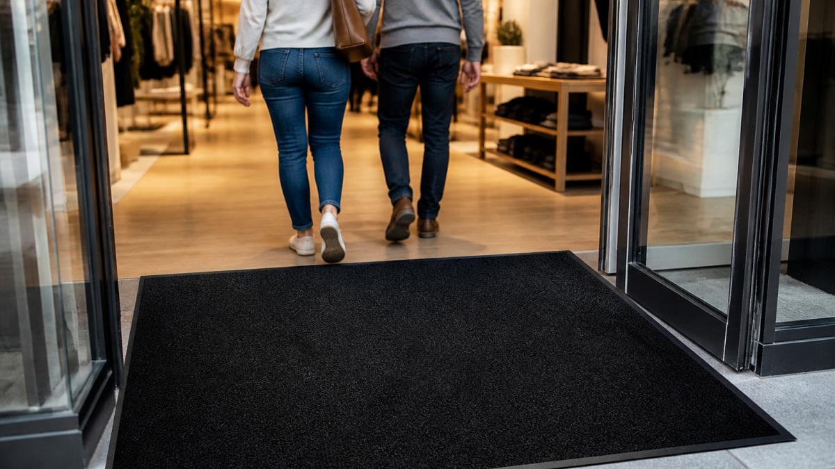 Skab professionelt førstehåndsindtryk med logogulve 2 Modern retail entrance with elegant logo mat displaying company branding as customers step through the door with professional lighting