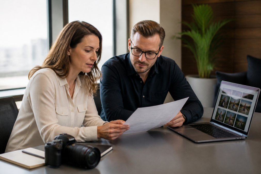 Marketing director and producer reviewing a corporate video comparison chart at an office conference table