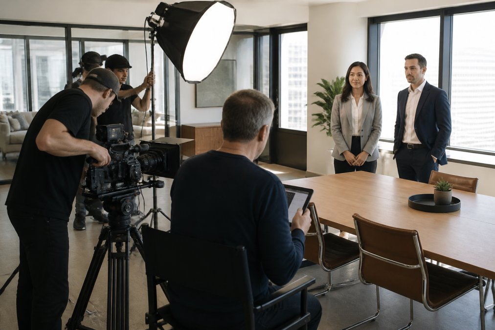 A film crew setting up a camera and lighting rig on a corporate office set, with a director reviewing a shot list on a tablet while two on-camera talent wait near a conference table under soft window light