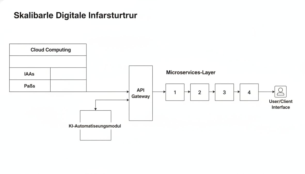 Architektur-Diagramm: Cloud Computing (IaaS/PaaS/SaaS), Microservices-Layer mit 5 unabhängigen Diensten, KI-Automatisierungsmodul und API-Gateway als verbindendes Element in einer skalierbaren Infrastruktur. Monochrom, schwarz-weiß.