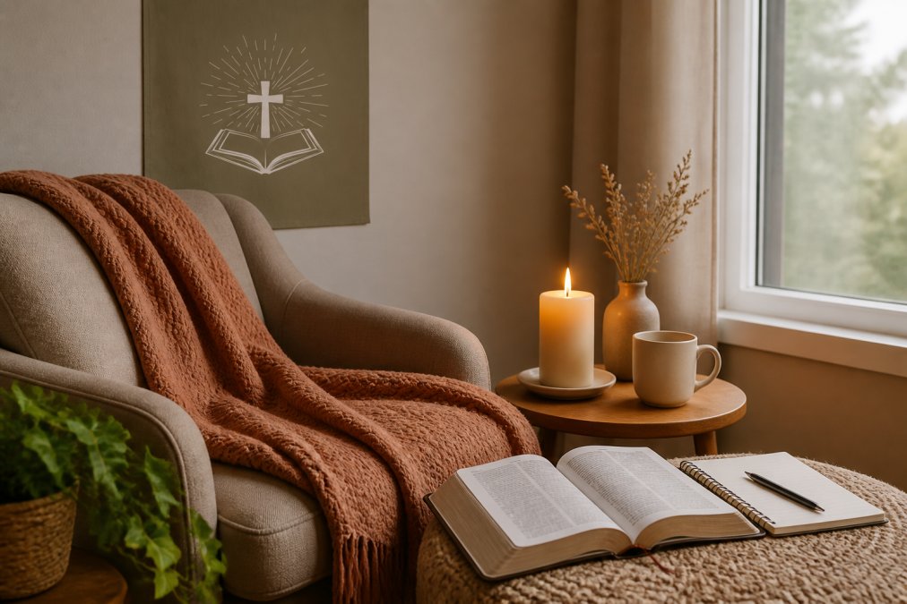Et koselig hjørne i en stue med et mykt pledd i varme farger, et brennende stearinlys på et lite trebord, bibelvers på veggen bak, og en åpen bibel eller notatbok, som inviterer til stillhet og refleksjon
