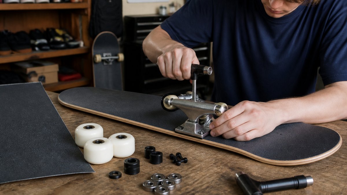Teenager using a skate tool to attach metal trucks to a new wooden skateboard deck on a garage workbench