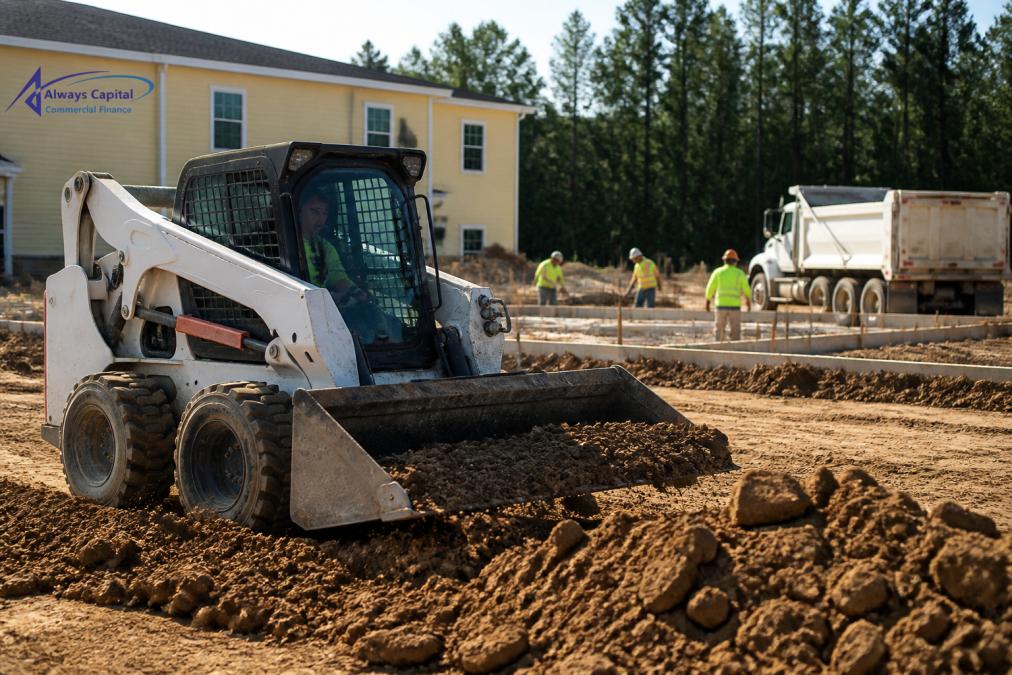 Skid steer moving dirt with a bucket on a residential construction site near a parked dump truck