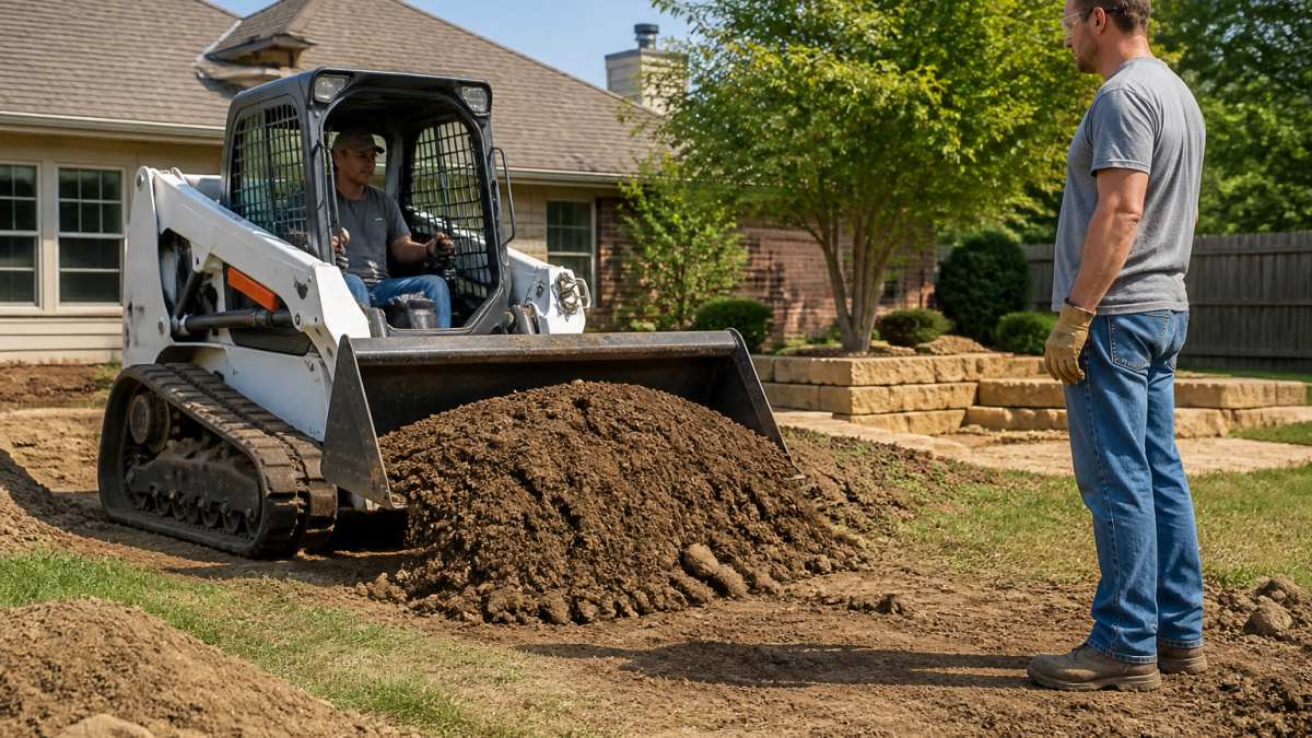 A skid steer loader with a bucket attachment moving dirt in a residential backyard, with a homeowner in safety glasses and work gloves standing nearby watching the operator