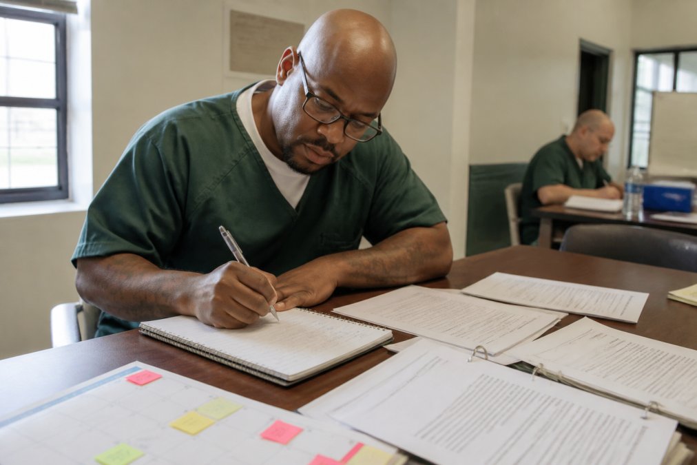 A focused individual sitting at a table with a notebook, writing a detailed plan, with a calendar and documents spread out in a well-lit room