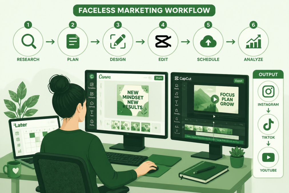 Person working at ergonomic desk with three monitors displaying Canva design, CapCut video editor, and Later scheduling dashboard simultaneously, natural office lighting from large window