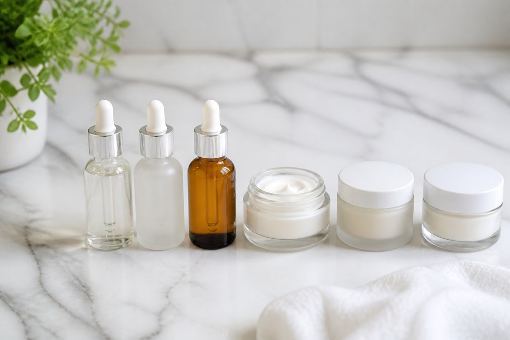 Medical-grade skincare products arranged as skin beautiful rx alternatives on a white marble surface
