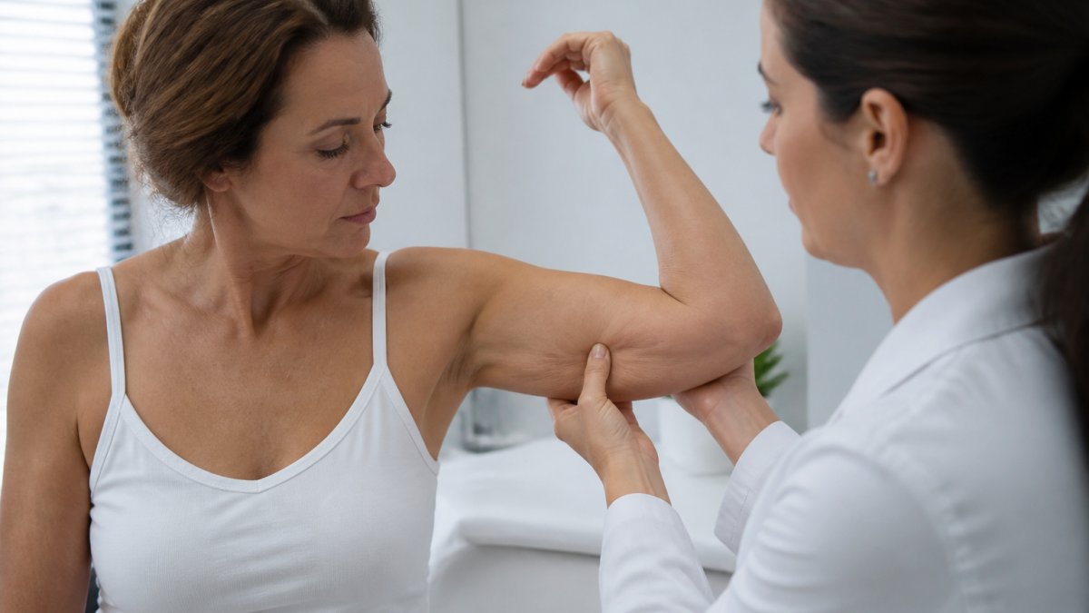 Professional examining skin texture on upper arm in natural clinical lighting, showing skin condition assessment without explicit medical detail