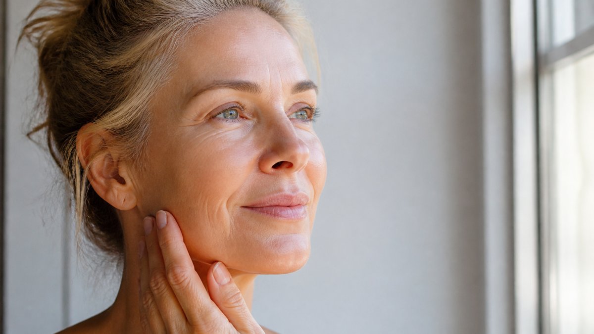 Close-up of mature woman's face showing calm, hydrated skin with a soft, natural glow, hands gently touching cheek in natural morning light