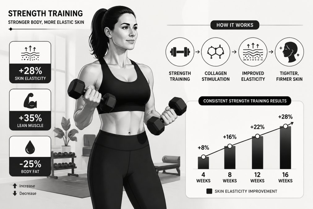 Woman in her 40s doing strength training with dumbbells in a bright home gym, showing confident posture and focus