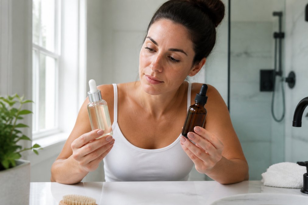 A woman in her thirties comparing two skincare product bottles side by side on a clean bathroom counter, natural light from a window