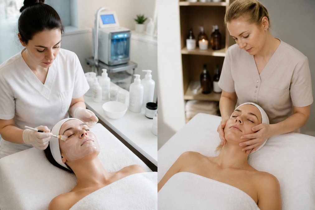 Esthetician applying a facial mask in a clinical setting to compare skinbeautysolutions vs the european touch.