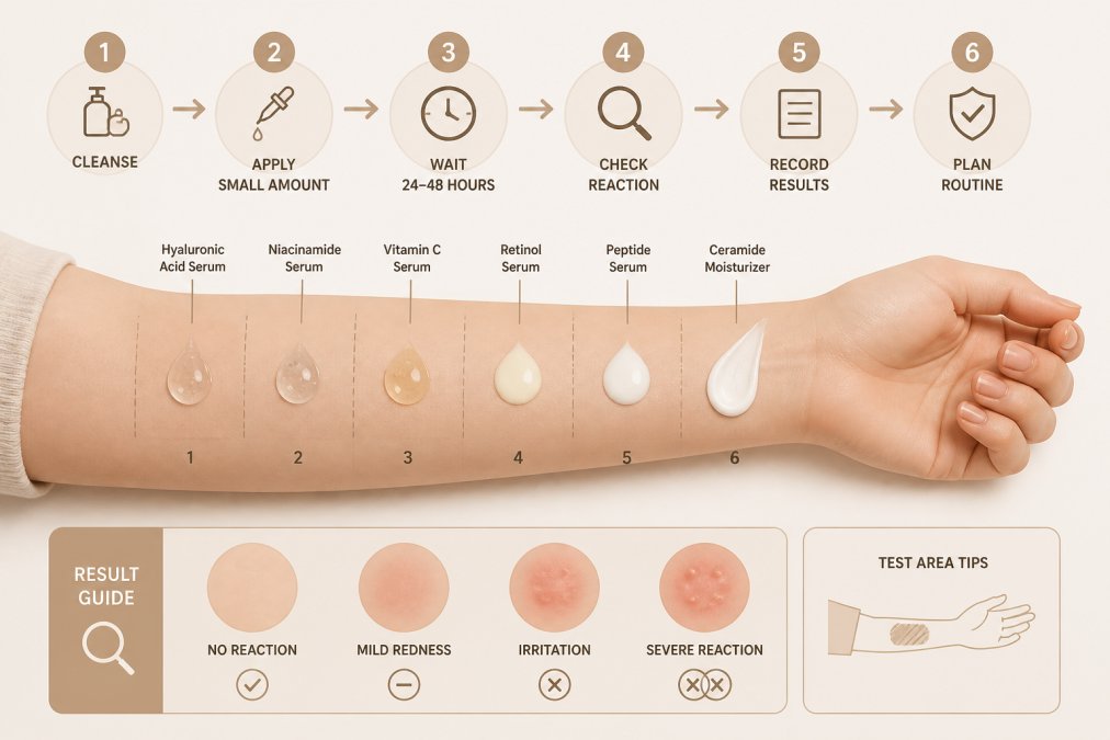 Woman's forearm showing several small patch test applications of different serums and moisturizers marked with gentle lines, demonstrating the systematic patch testing process on bare skin