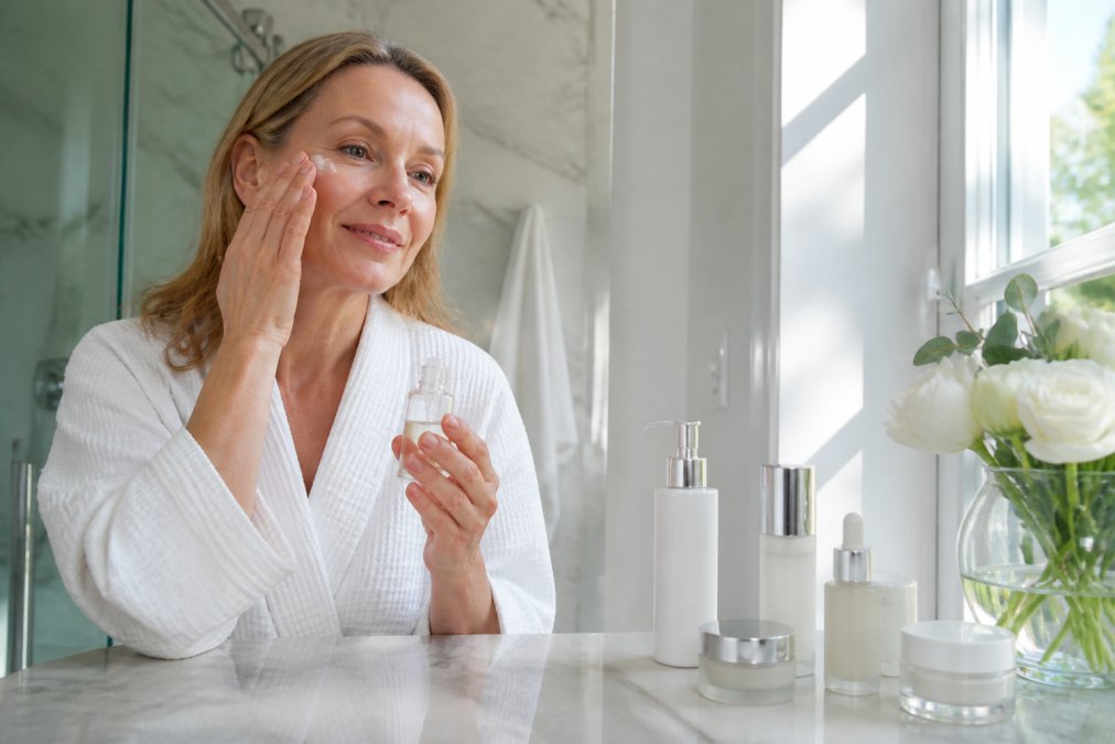 Person applying serum to face in morning skincare routine, with skincare products arranged on bathroom counter with natural morning light