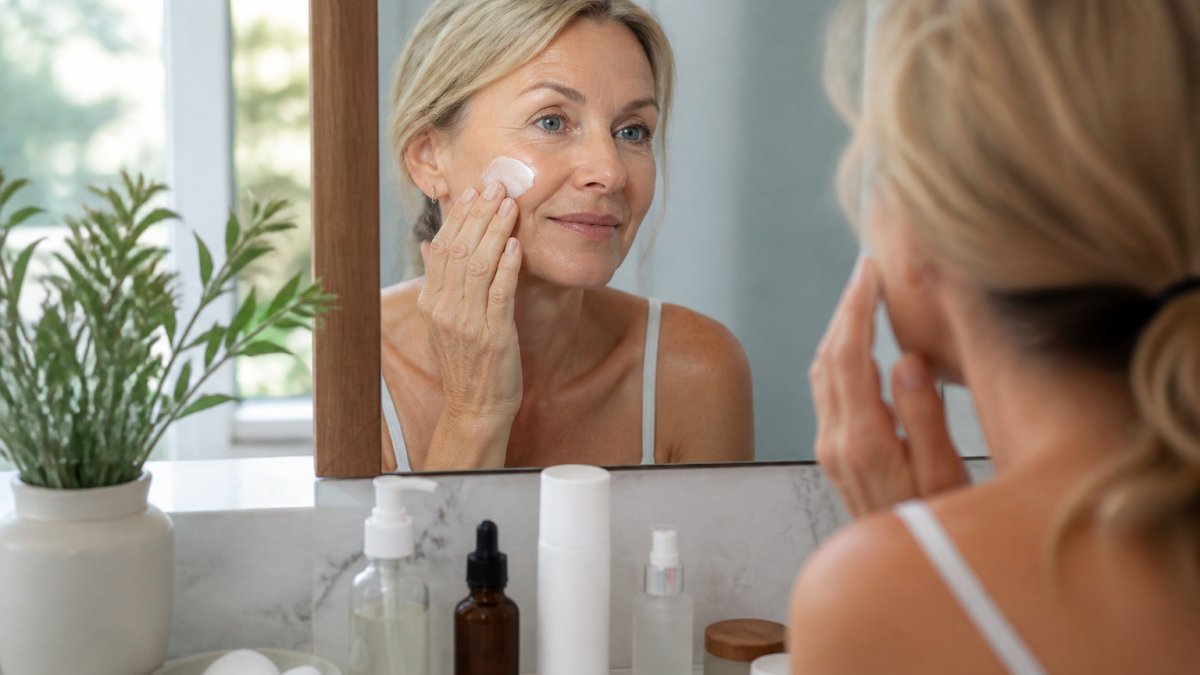 A woman in her 50s with mature skin applying moisturizer in a bright bathroom, looking into a mirror with natural light