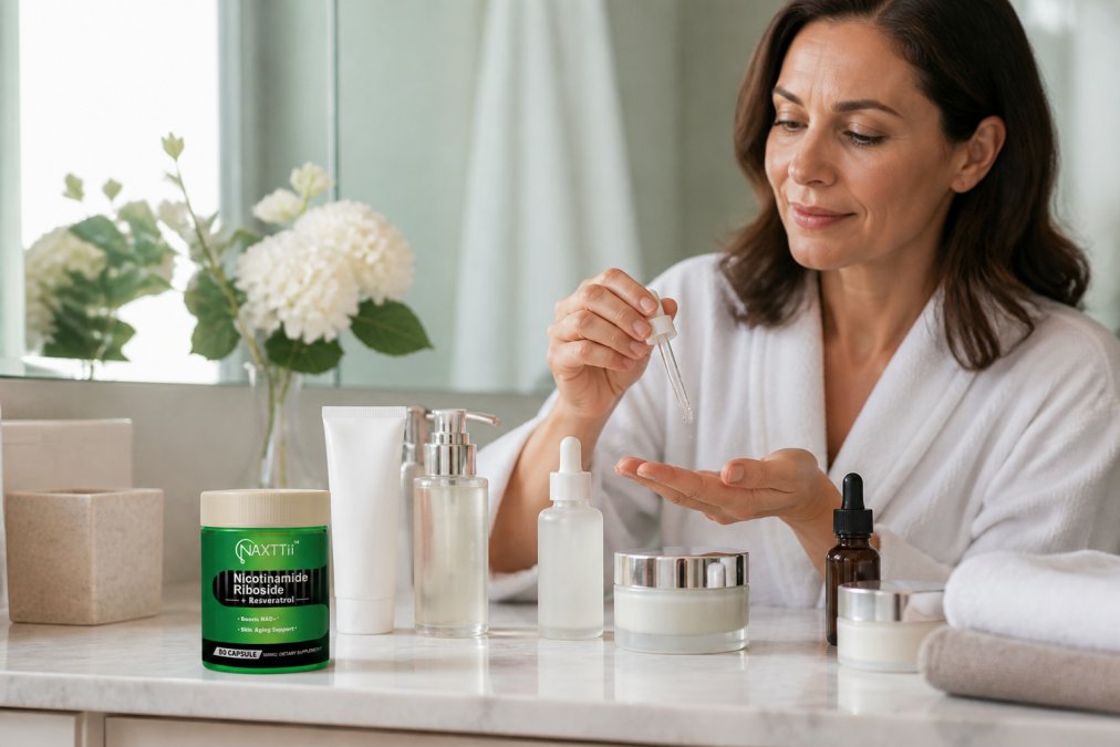 Organized skincare products arranged on a marble bathroom counter in morning and evening routine sequence, with a woman's hand applying serum from a glass bottle in soft natural light