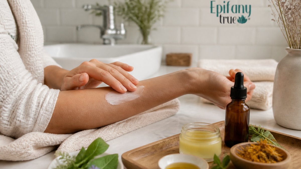 Close-up of gentle skincare products arranged on a clean bathroom counter with warm natural lighting, showing someone's hands applying a fragrance-free moisturizer to their arm