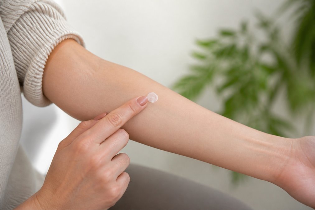 Step-by-step guide for patch testing skincare for extremely sensitive skin explained through arm application