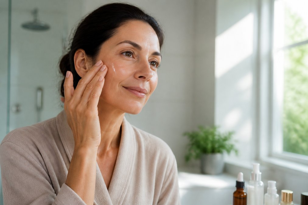 A woman in her 40s with glowing skin gently pressing a drop of facial serum into her cheek in a bright, serene bathroom with soft morning light streaming through the window