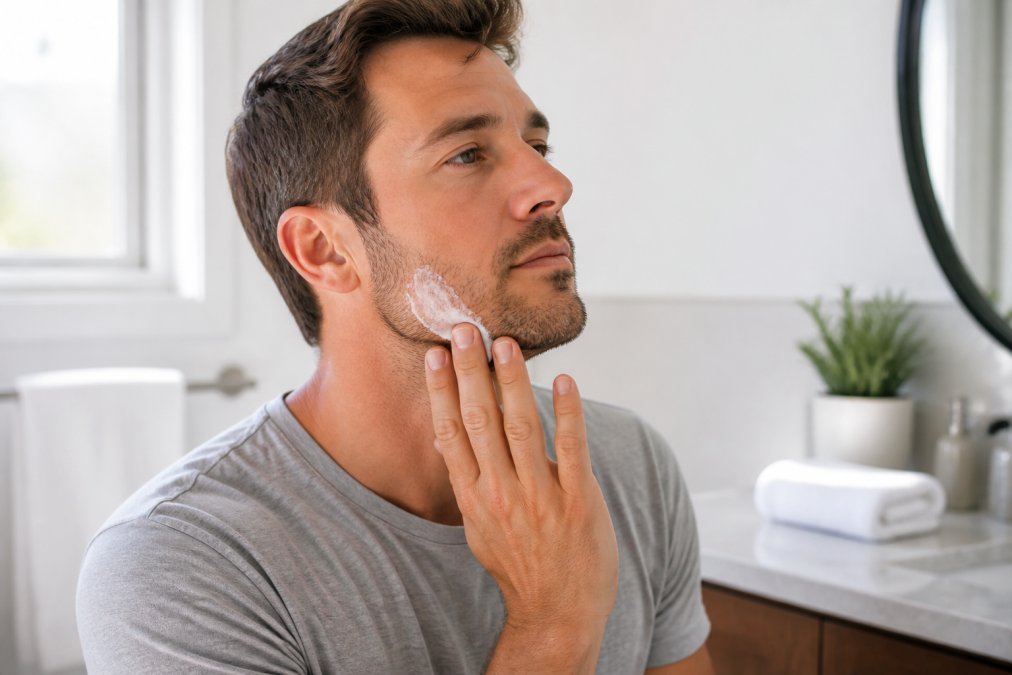 Man applying soothing balm to his jawline to treat razor burn on sensitive skin in a bright bathroom