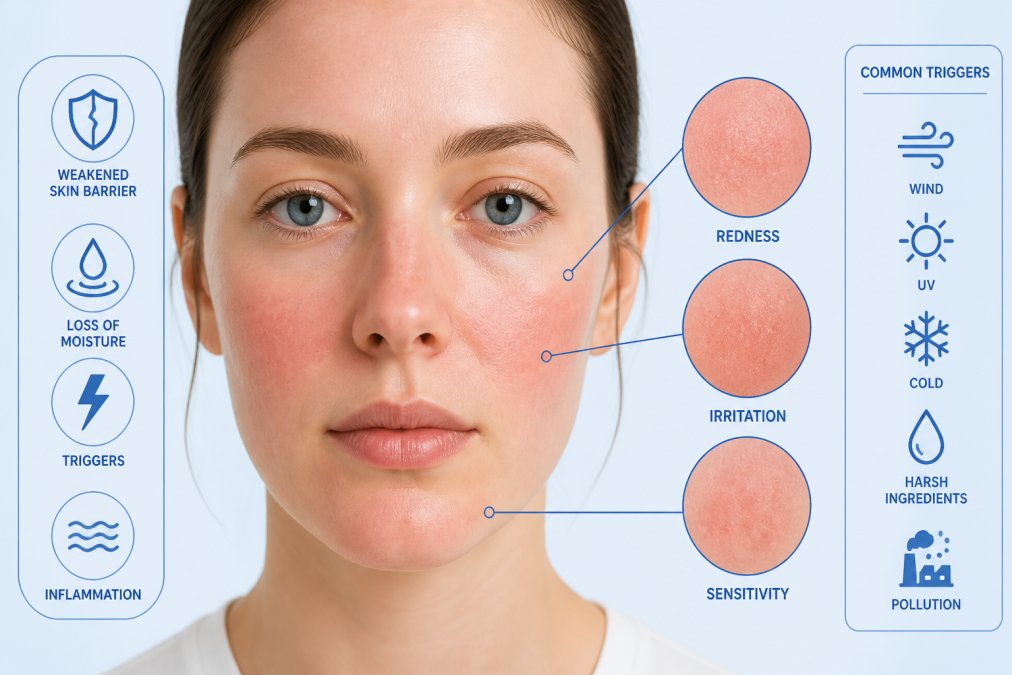 Close-up of a person's face showing visible redness and irritation on cheeks and chin, with calm neutral expression in natural daylight