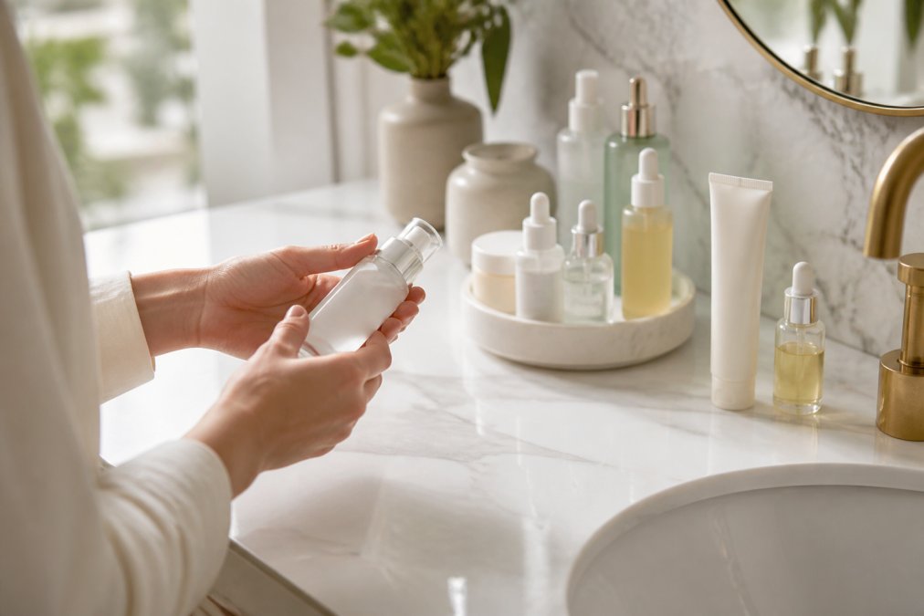 Hands holding a bottle of serum or cream over a bathroom sink, with skincare products neatly arranged on white marble surface in soft morning light