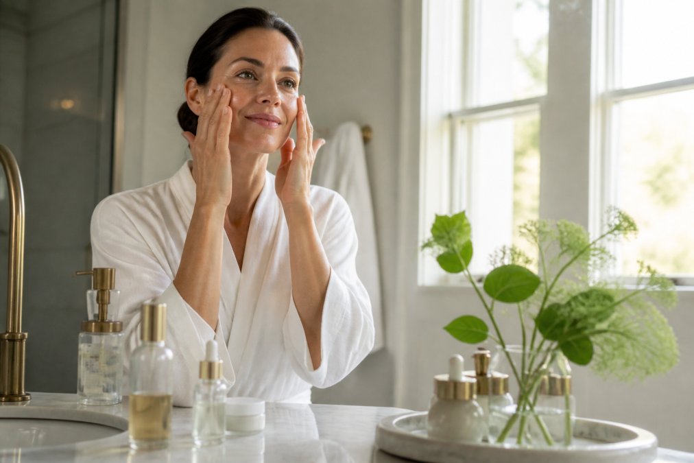 Woman in serene bathroom applying lightweight serum to face with fingertips, soft morning light through window, minimalist botanical skincare products on marble surface