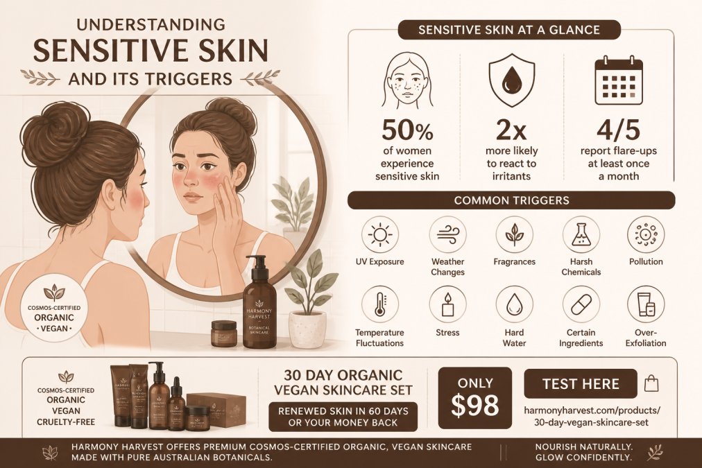 Woman with sensitive skin examining her complexion in bathroom mirror with natural morning light, showing slight redness on cheeks