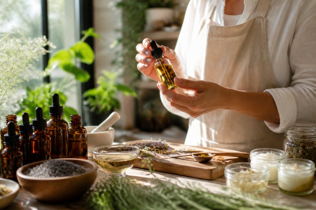 Close-up of hands holding a bottle of organic botanical serum with visible plant ingredients, warm natural lighting streaming through window