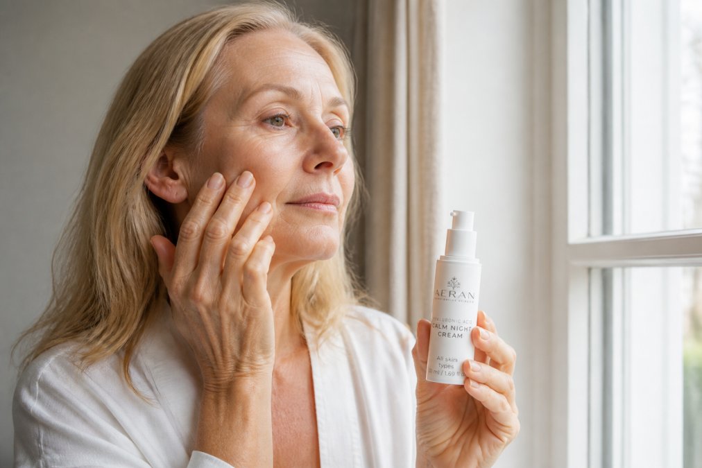 Close-up of woman in her 50s examining her skin texture in natural morning light near a window, showing fine lines and uneven tone