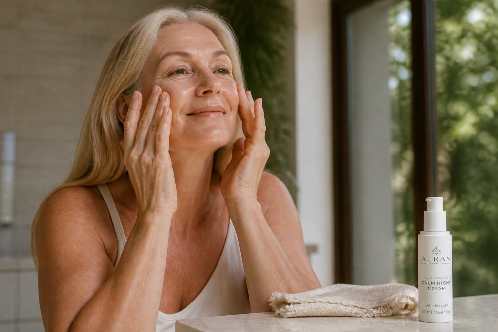 Woman's hands demonstrating proper application technique, gently patting serum onto her face in soft upward motions with natural window lighting